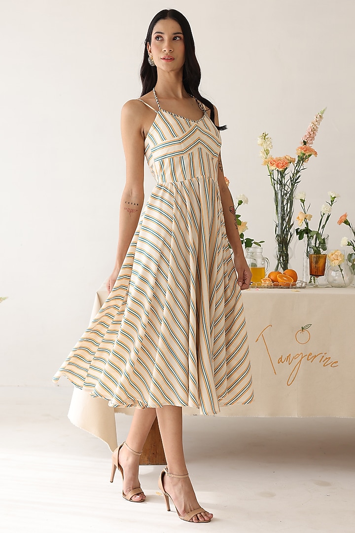 Off-White Rayon Moss Stripe Printed Midi Summer Dress by Baise Gaba at Pernia's Pop Up Shop