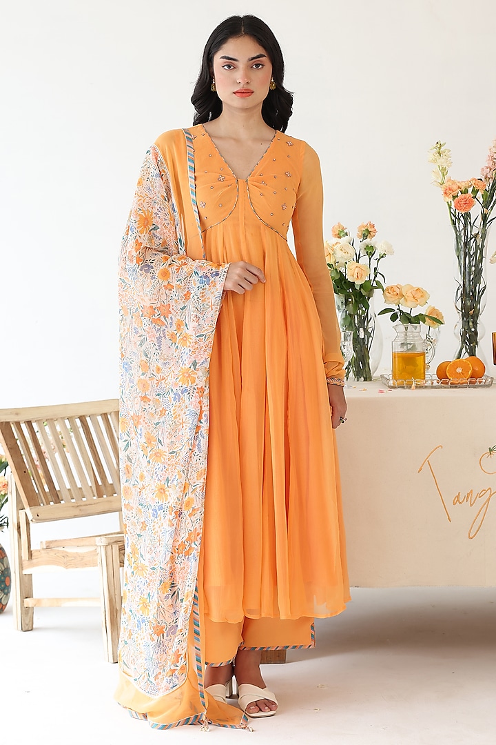 Orange Chiffon & Rayon Moss Hand Embroidered Anarkali Set by Baise Gaba