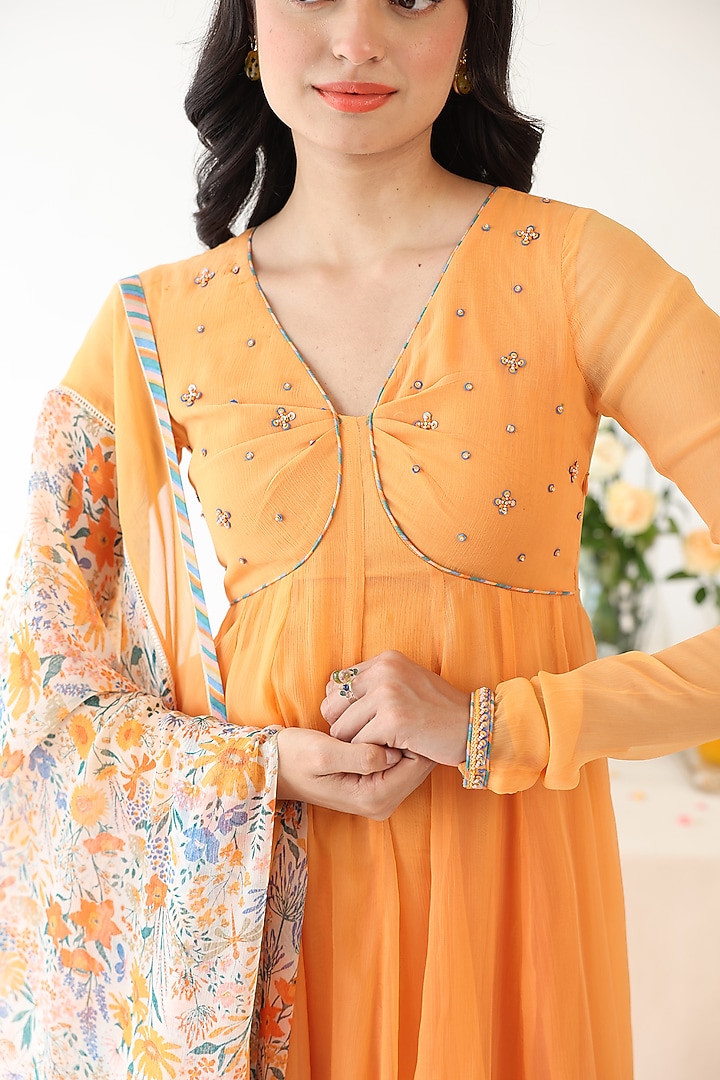 Orange Chiffon & Rayon Moss Hand Embroidered Anarkali Set by Baise Gaba at Pernia's Pop Up Shop