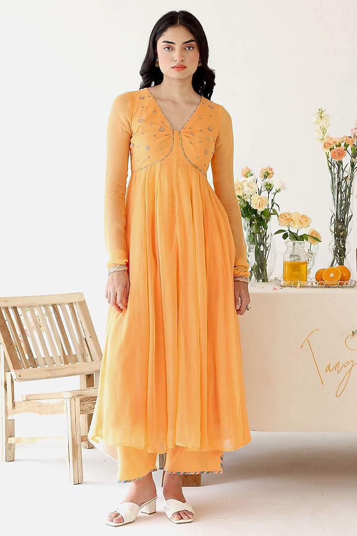 Orange Chiffon & Rayon Moss Hand Embroidered Anarkali Set by Baise Gaba at Pernia's Pop Up Shop