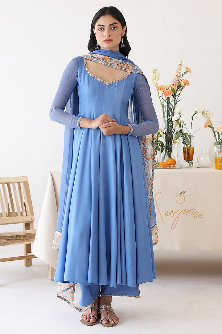 Blue Rayon Moss Hand Embroidered Anarkali Set by Baise Gaba