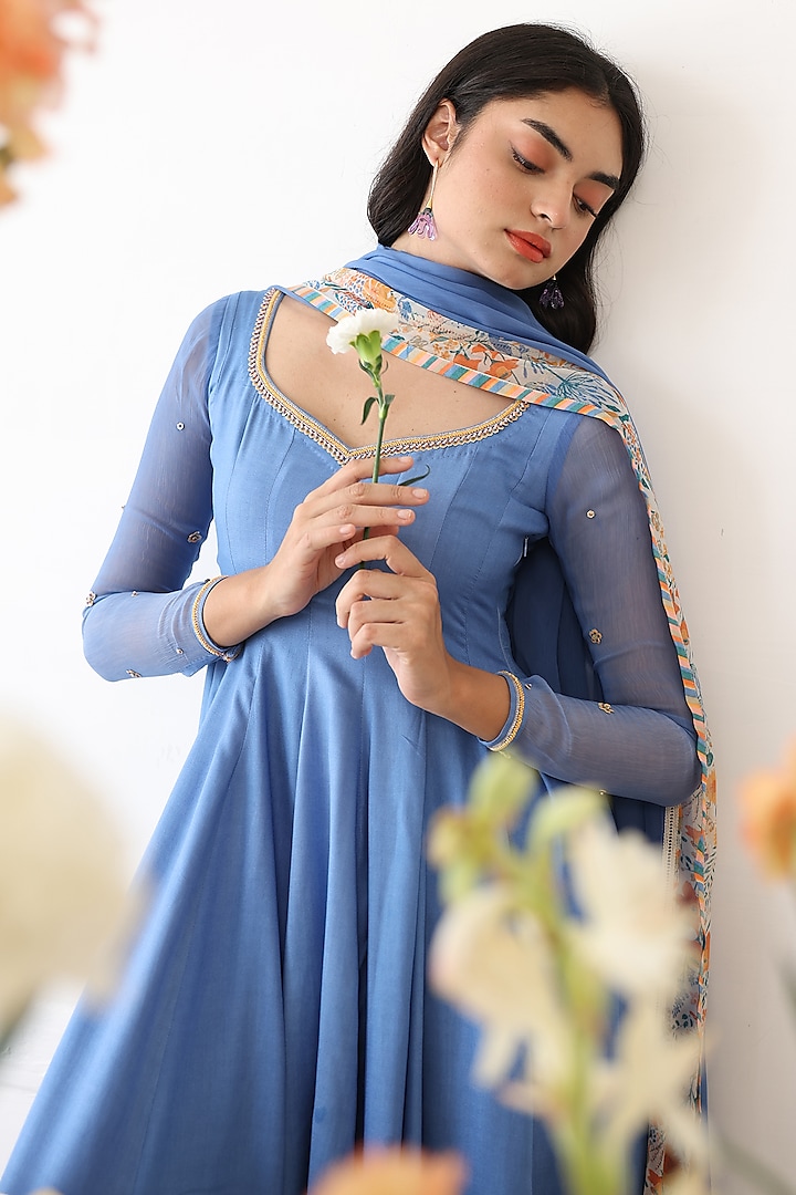 Blue Rayon Moss Hand Embroidered Anarkali Set by Baise Gaba at Pernia's Pop Up Shop