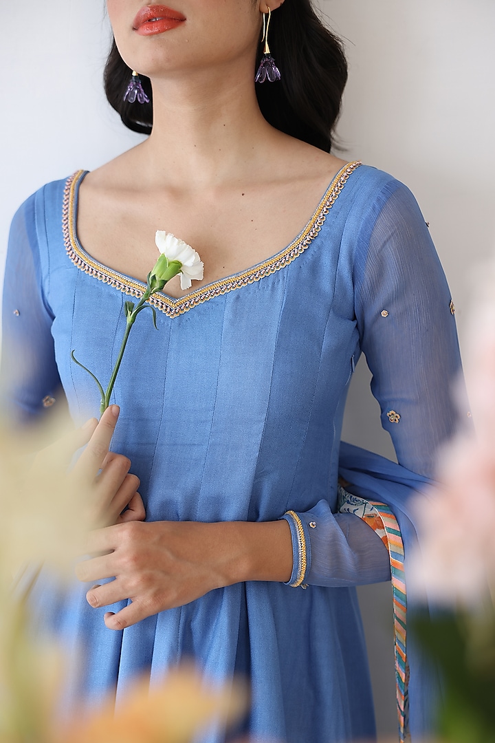 Blue Rayon Moss Hand Embroidered Anarkali Set by Baise Gaba at Pernia's Pop Up Shop