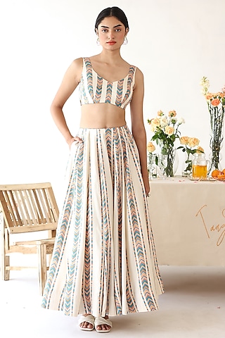 Off-White Rayon Moss Chevron Stripe Printed Lehenga Set by Baise Gaba
