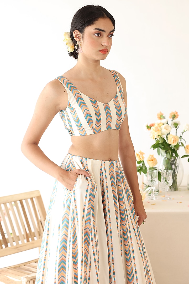 Off-White Rayon Moss Chevron Stripe Printed Lehenga Set by Baise Gaba at Pernia's Pop Up Shop