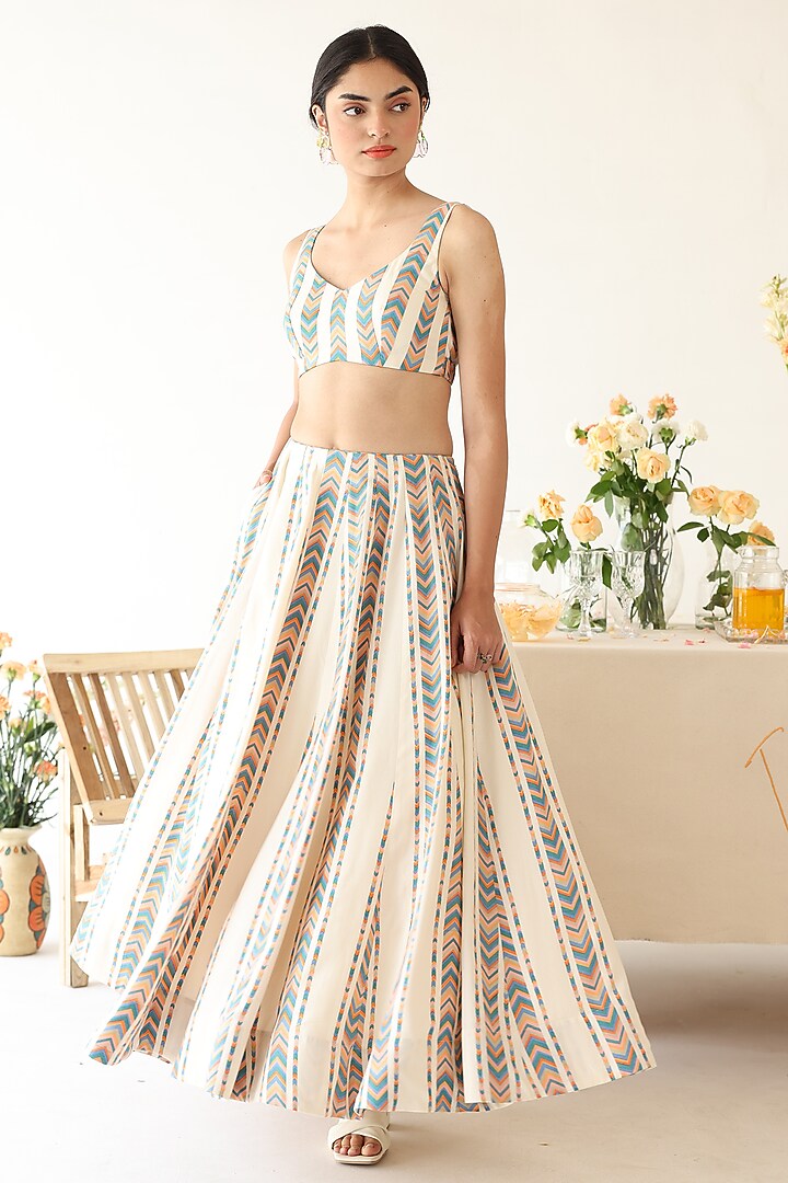 Off-White Rayon Moss Chevron Stripe Printed Lehenga Set by Baise Gaba at Pernia's Pop Up Shop