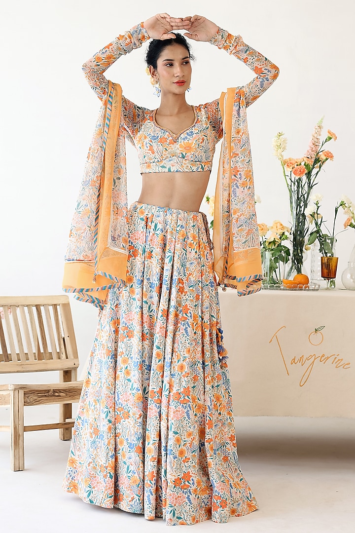 Off-White Rayon Moss Floral Printed Lehenga Set by Baise Gaba at Pernia's Pop Up Shop