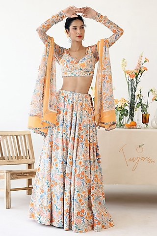 Off-White Rayon Moss Floral Printed Lehenga Set by Baise Gaba