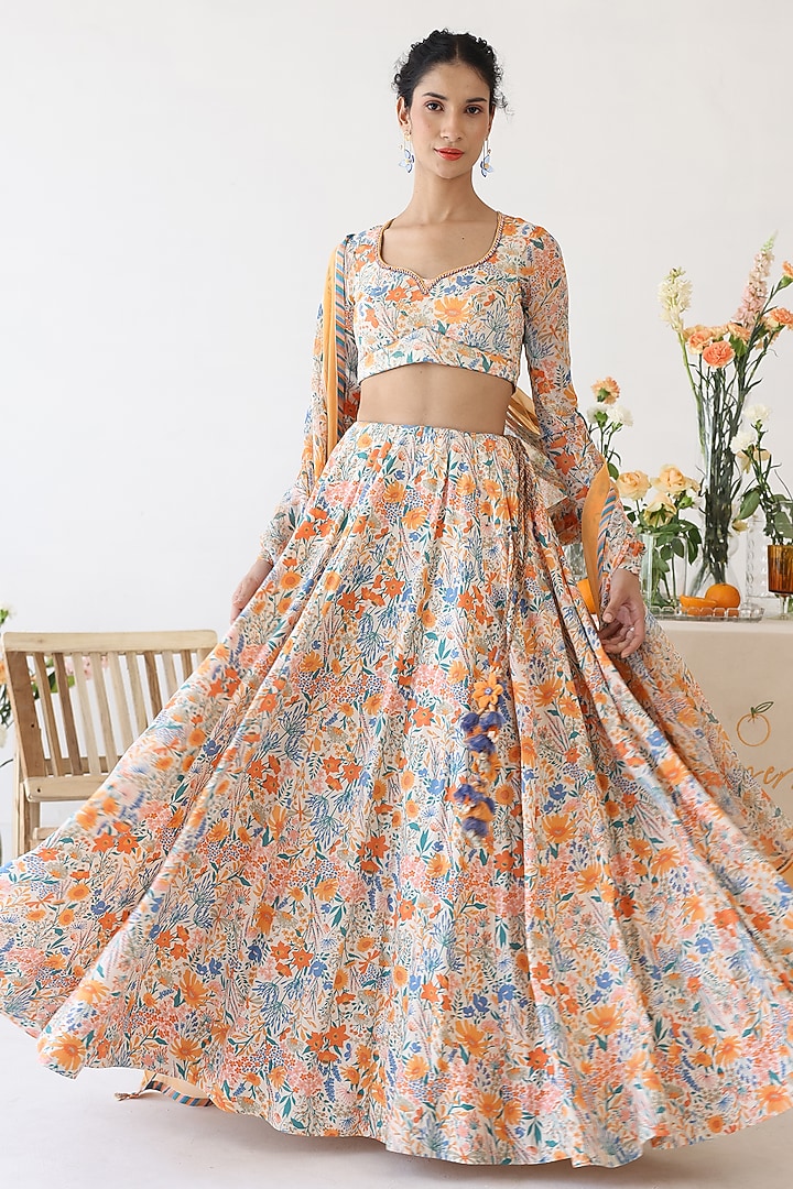 Off-White Rayon Moss Floral Printed Lehenga Set by Baise Gaba at Pernia's Pop Up Shop