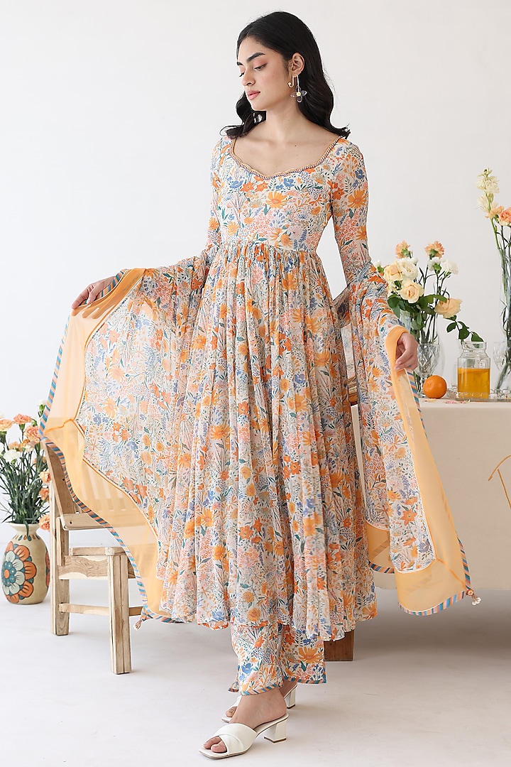 Off-White Chiffon Floral Printed Anarkali Set by Baise Gaba at Pernia's Pop Up Shop