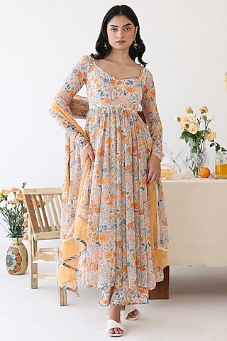 Off-White Chiffon Floral Printed Dupatta by Baise Gaba
