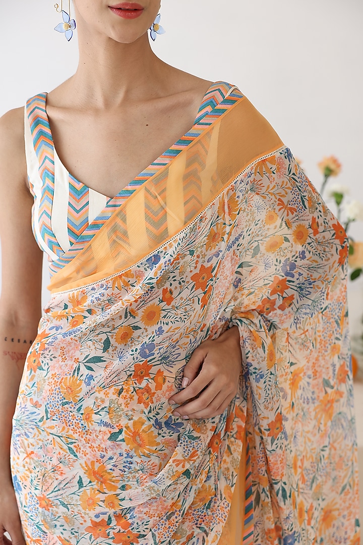 Off-White Chiffon Floral Printed Reversible Festive Saree Set by Baise Gaba at Pernia's Pop Up Shop