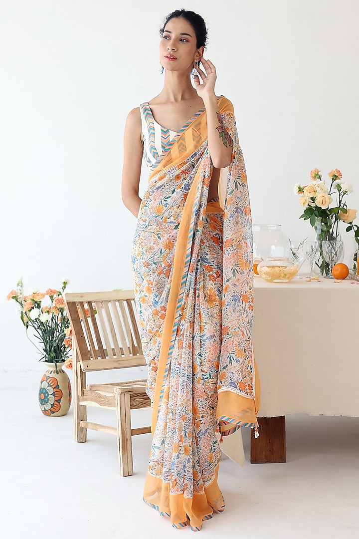 Off-White Chiffon Floral Printed Reversible Festive Saree Set by Baise Gaba at Pernia's Pop Up Shop