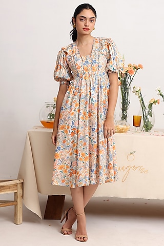 Off-White Rayon Moss Floral Printed Midi Dress by Baise Gaba