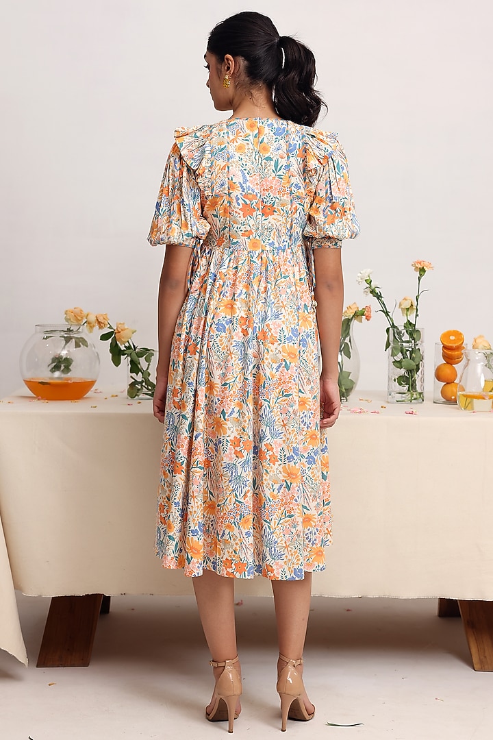 Off-White Rayon Moss Floral Printed Midi Summer Dress by Baise Gaba at Pernia's Pop Up Shop