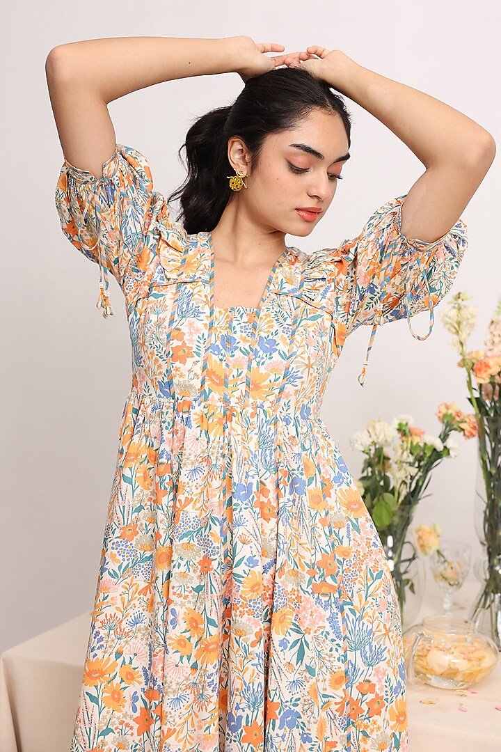Off-White Rayon Moss Floral Printed Midi Summer Dress by Baise Gaba at Pernia's Pop Up Shop