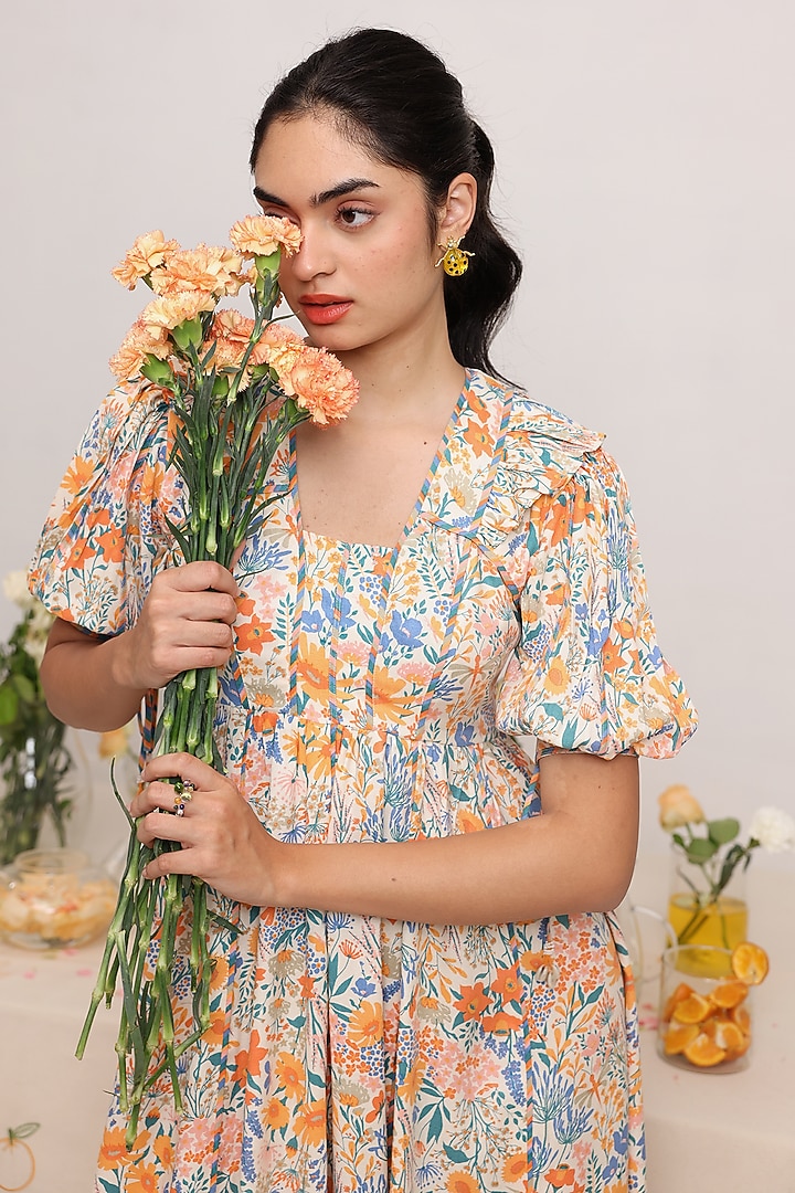 Off-White Rayon Moss Floral Printed Midi Summer Dress by Baise Gaba at Pernia's Pop Up Shop