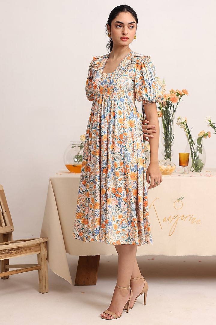 Off-White Rayon Moss Floral Printed Midi Summer Dress by Baise Gaba at Pernia's Pop Up Shop