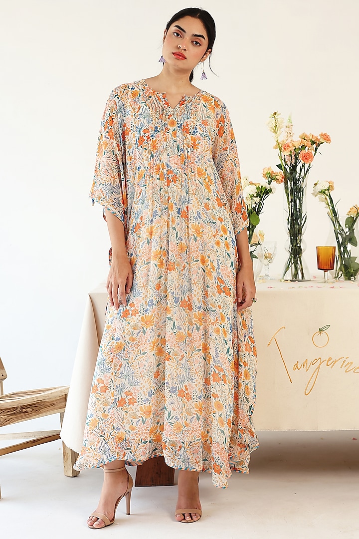Off-White Chiffon Floral Printed Kaftan With Slip by Baise Gaba