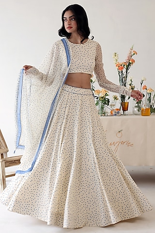 Off-White Chiffon Polka Dot Printed Lehenga Set by Baise Gaba