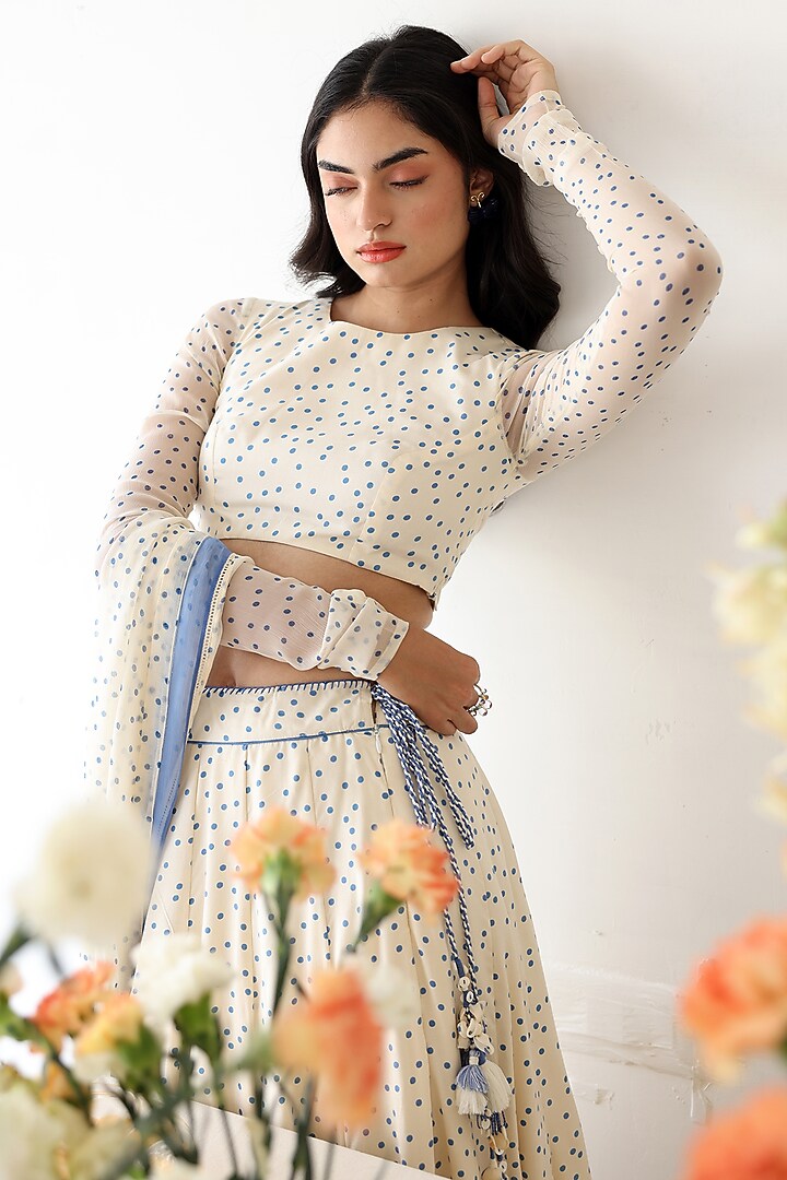 Off-White Chiffon Polka Dot Printed Lehenga Set by Baise Gaba at Pernia's Pop Up Shop