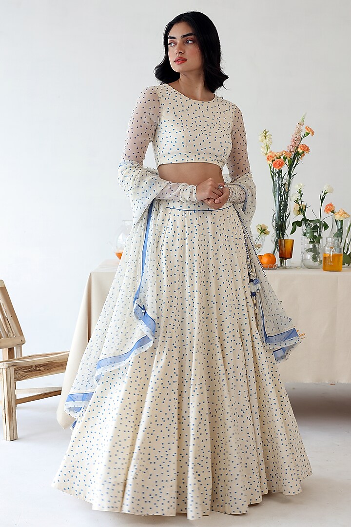 Off-White Chiffon Polka Dot Printed Lehenga Set by Baise Gaba at Pernia's Pop Up Shop
