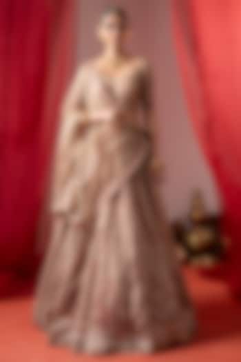 Beige Linen Satin Embroidered Wedding Lehenga Set by Baise Gaba at Pernia's Pop Up Shop