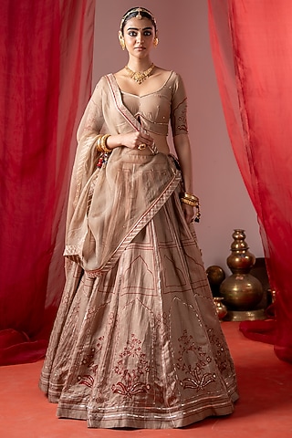 Beige Linen Satin Embroidered Lehenga Set by Baise Gaba