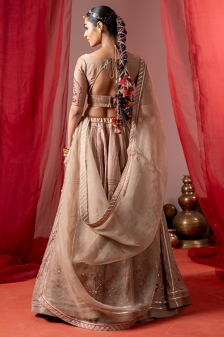 Beige Linen Satin Embroidered Wedding Lehenga Set by Baise Gaba at Pernia's Pop Up Shop