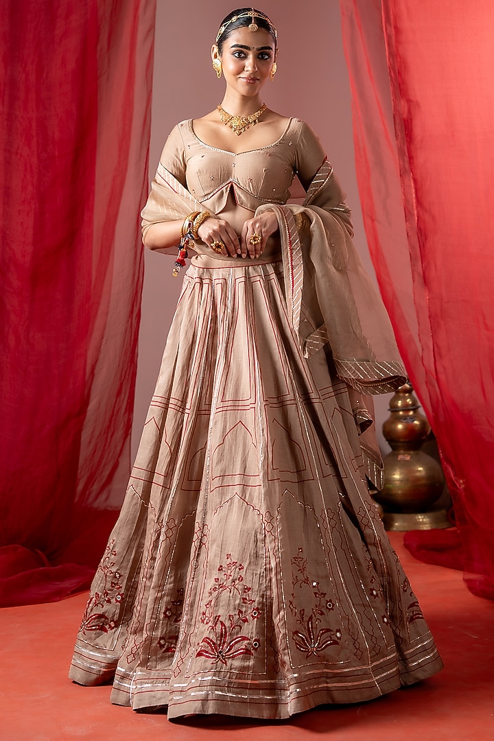 Beige Linen Satin Embroidered Wedding Lehenga Set by Baise Gaba at Pernia's Pop Up Shop