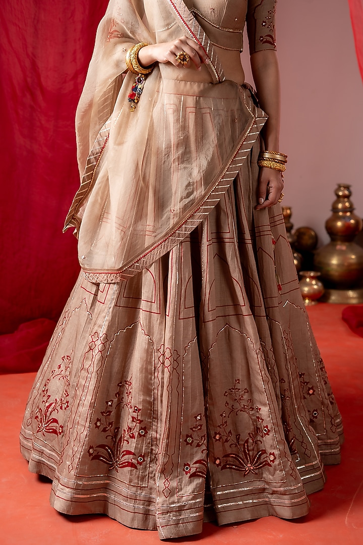 Beige Linen Satin Embroidered Wedding Lehenga Set by Baise Gaba at Pernia's Pop Up Shop
