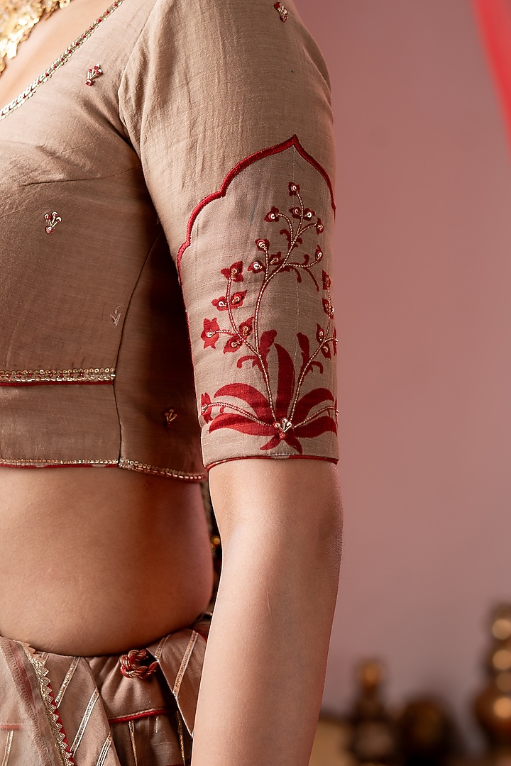 Beige Linen Satin Embroidered Wedding Lehenga Set by Baise Gaba at Pernia's Pop Up Shop