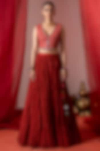 Red Chanderi Flared Skirt Set by Baise Gaba at Pernia's Pop Up Shop