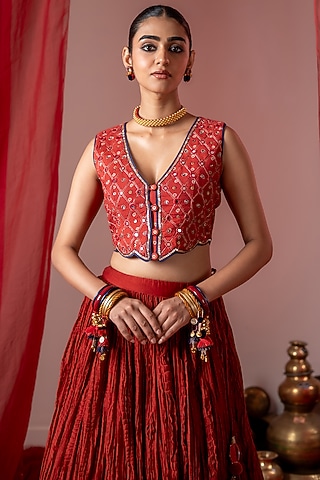 Red Muslin Embroidered Koti by Baise Gaba