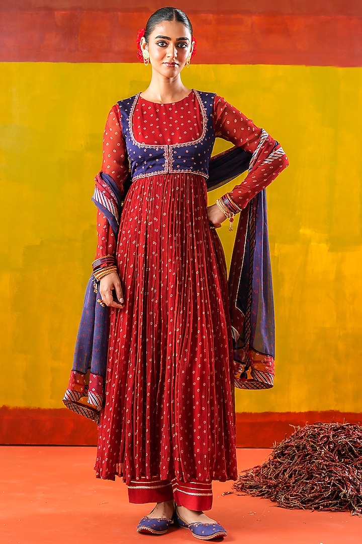 Red Chiffon Bandhani Printed Party Wear Anarkali Set by Baise Gaba at Pernia's Pop Up Shop