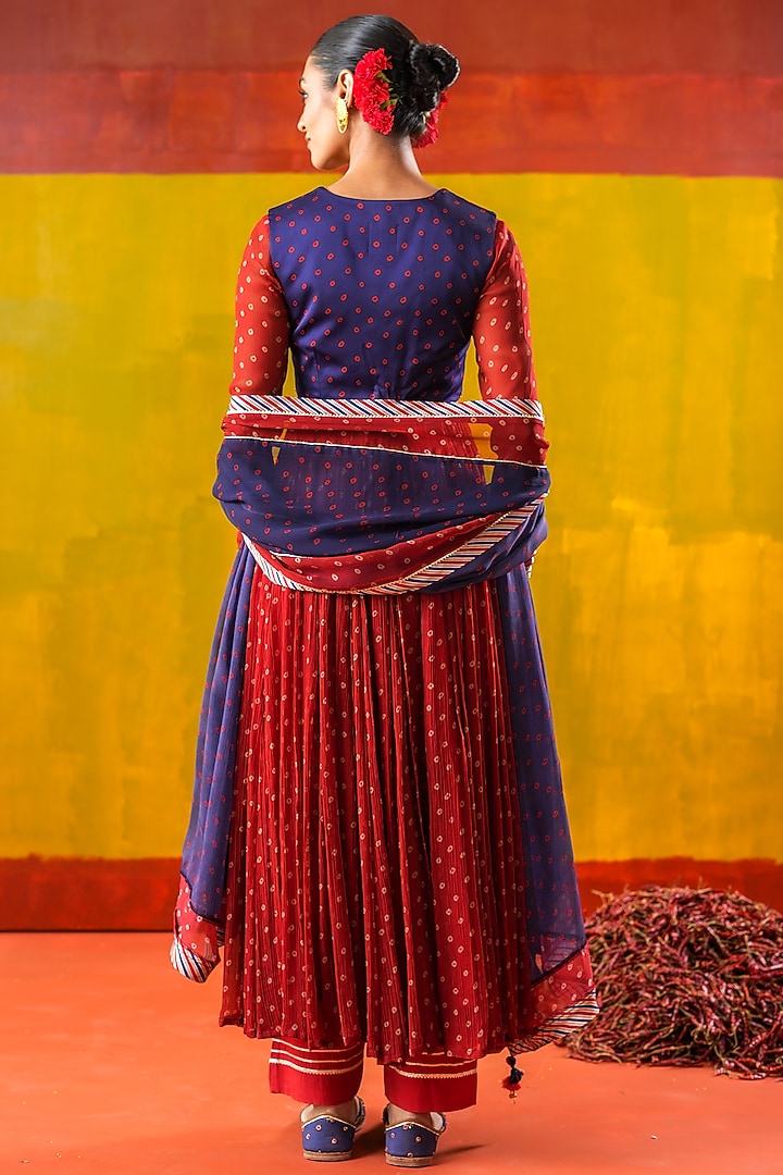 Red Chiffon Bandhani Printed Party Wear Anarkali Set by Baise Gaba at Pernia's Pop Up Shop