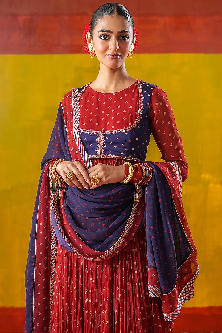 Red Chiffon Bandhani Printed Party Wear Anarkali Set by Baise Gaba at Pernia's Pop Up Shop