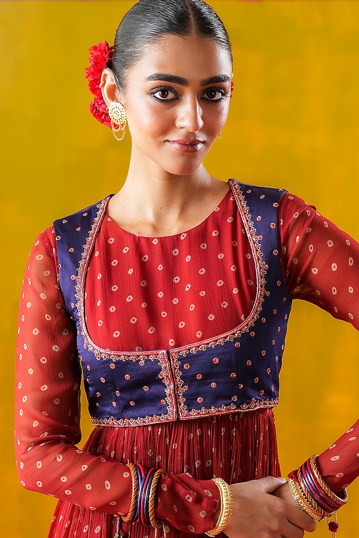 Red Chiffon Bandhani Printed Party Wear Anarkali Set by Baise Gaba at Pernia's Pop Up Shop