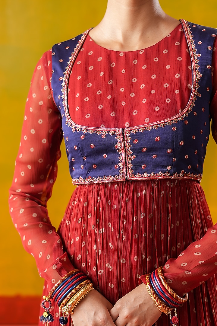 Red Chiffon Bandhani Printed Party Wear Anarkali Set by Baise Gaba at Pernia's Pop Up Shop