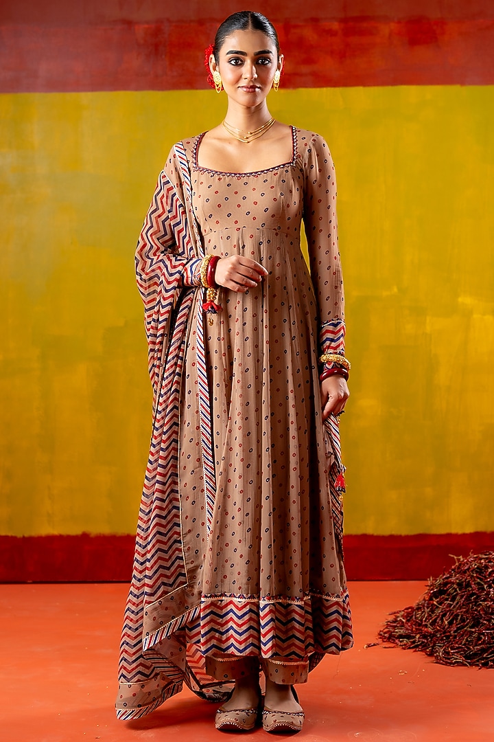 Beige Chiffon Bandhani Printed Party Wear Anarkali Set by Baise Gaba at Pernia's Pop Up Shop