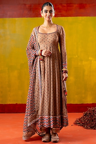 Beige Chiffon Bandhani Printed Anarkali Set by Baise Gaba