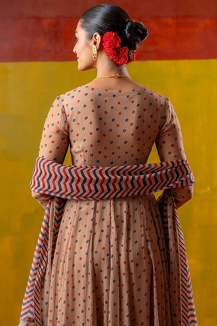 Beige Chiffon Bandhani Printed Party Wear Anarkali Set by Baise Gaba at Pernia's Pop Up Shop