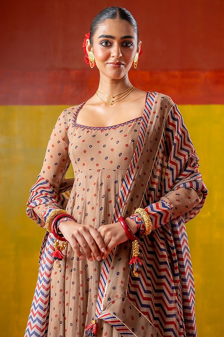 Beige Chiffon Bandhani Printed Party Wear Anarkali Set by Baise Gaba at Pernia's Pop Up Shop