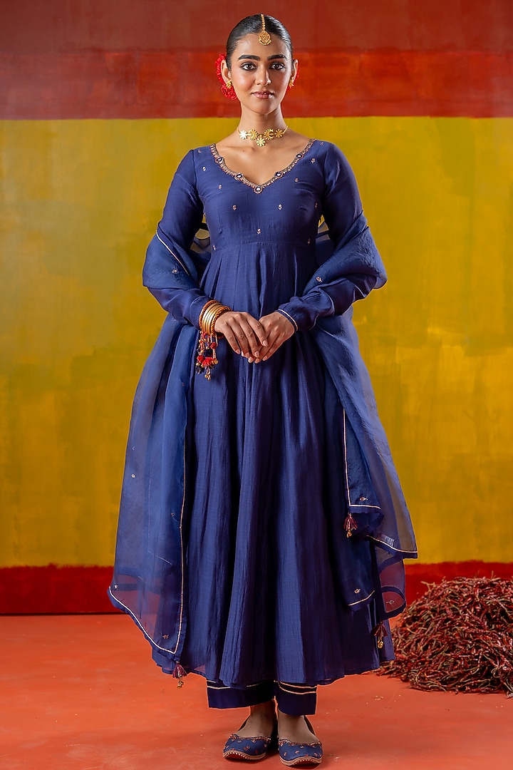 Blue Chanderi Embroidered Party Wear Anarkali Set by Baise Gaba at Pernia's Pop Up Shop