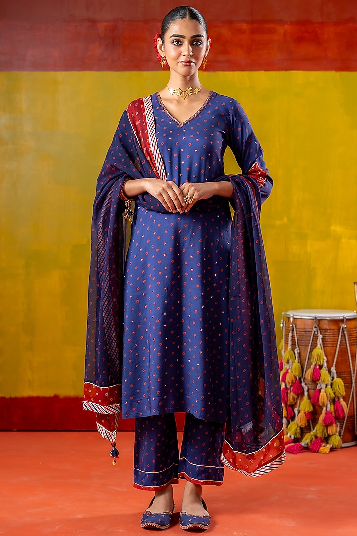 Blue Muslin Patch Work Kurta Set by Baise Gaba at Pernia's Pop Up Shop