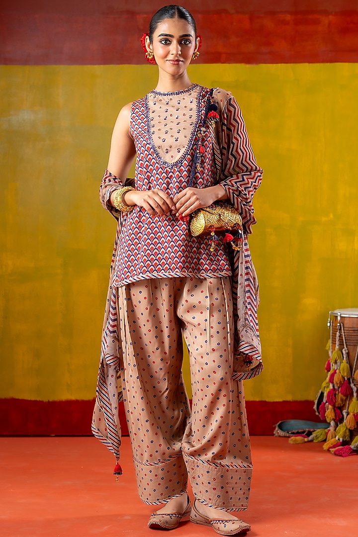 Multi-Colored Muslin Printed & Embroidered Short Kurta Set by Baise Gaba at Pernia's Pop Up Shop