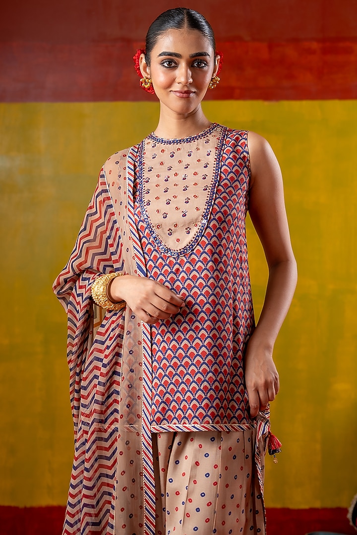 Multi-Colored Muslin Printed & Embroidered Short Kurta Set by Baise Gaba at Pernia's Pop Up Shop