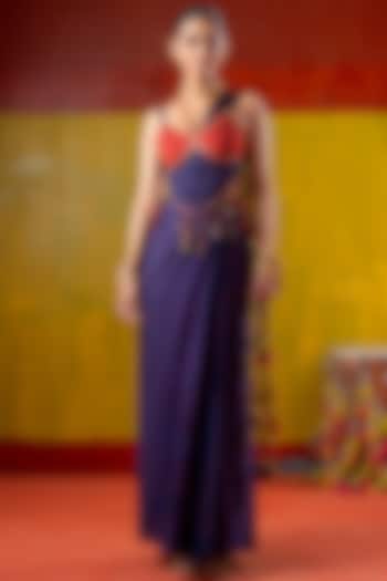 Blue & Red Satin Organza Draped Skirt Party Wear Saree Set by Baise Gaba at Pernia's Pop Up Shop