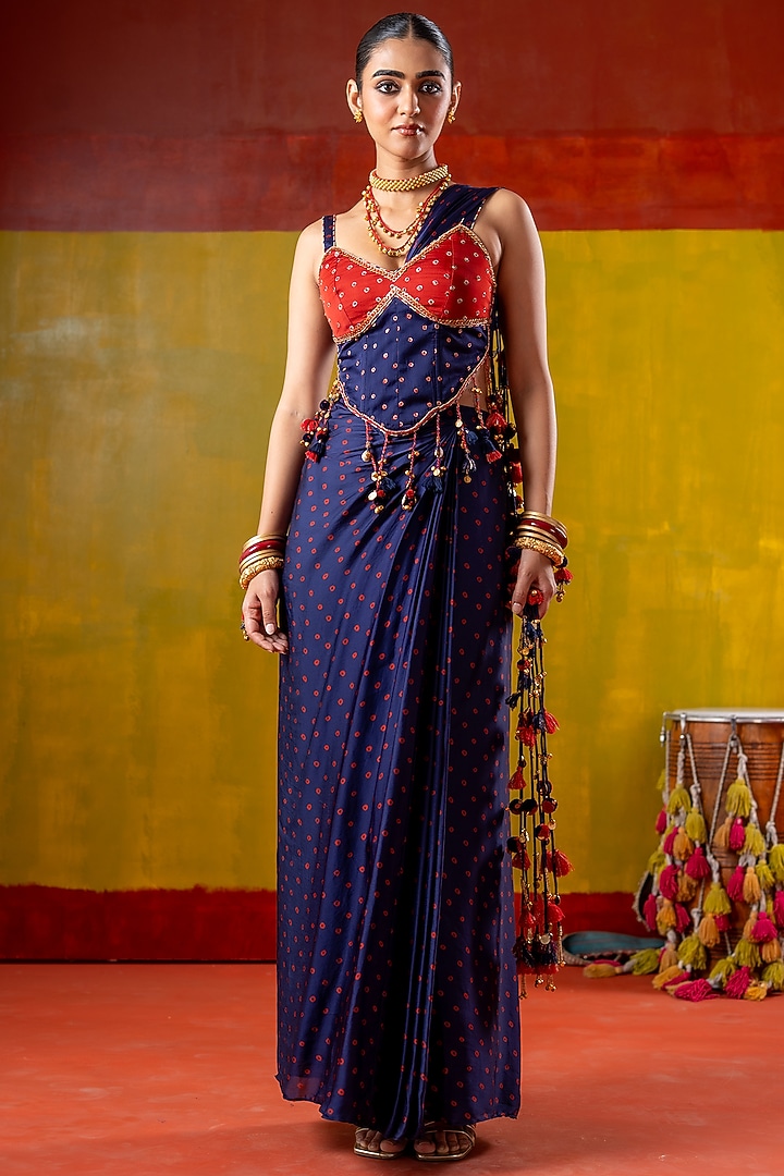 Blue & Red Satin Organza Draped Skirt Party Wear Saree Set by Baise Gaba at Pernia's Pop Up Shop
