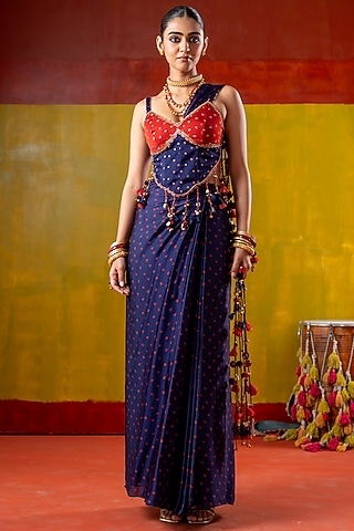 Blue & Red Satin Organza Draped Skirt Saree Set by Baise Gaba